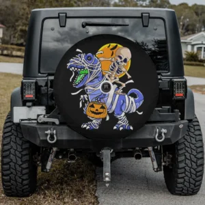 skeleton riding mummy dinosaur pumpkin halloween spare tire cover with camera hole