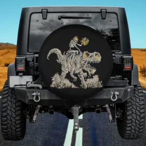 Skeleton riding mummy dinosaur with flaming pumpkin Halloween spare tire cover no camera hole