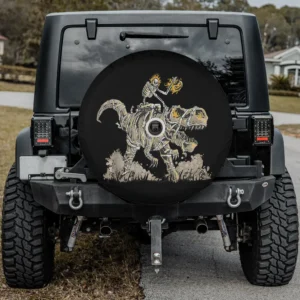 Skeleton riding mummy dinosaur with flaming pumpkin Halloween spare tire cover with camera hole