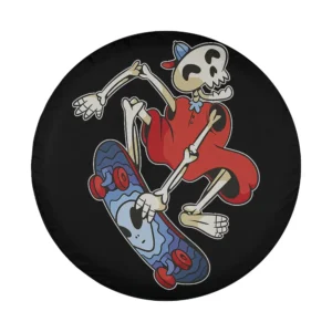 Cartoon skeleton skater in red cap on skateboard Halloween tire cover design only