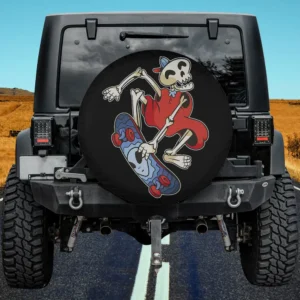 Skeleton skater in red cap on cartoon skateboard Halloween spare tire cover no camera hole