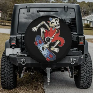 Skeleton skater red cap cartoon skateboard spare tire cover with camera hole for Jeep RV