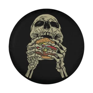 Skeleton skull eating cheeseburger junk food Halloween tire cover design art
