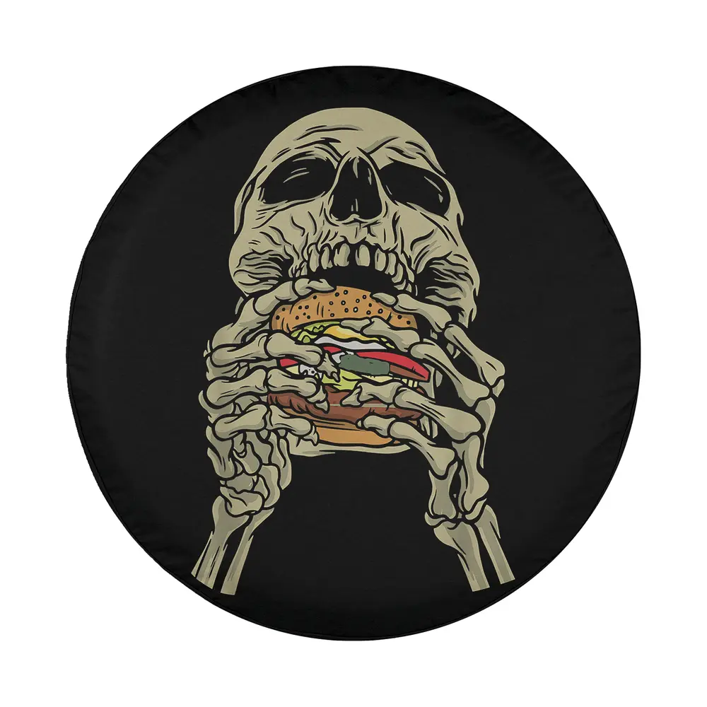 Skeleton skull eating cheeseburger junk food Halloween tire cover design art