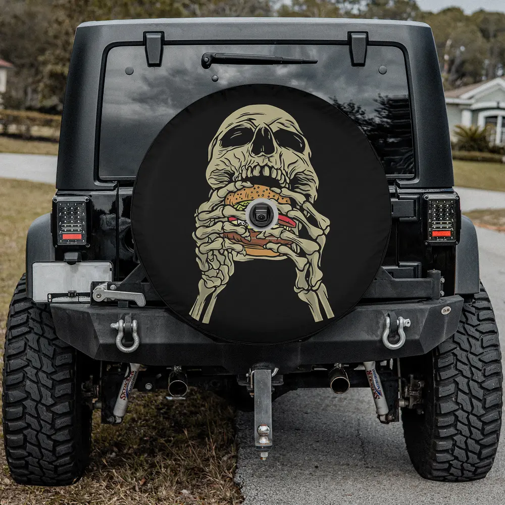 Skeleton skull cheeseburger junk food spare tire cover with backup camera hole for Jeep