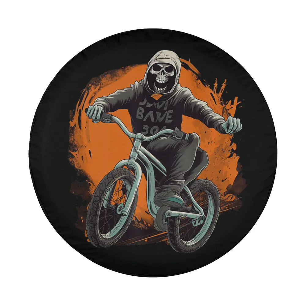 Skeleton stuntman on teal stunt bike with orange Halloween background for tire cover