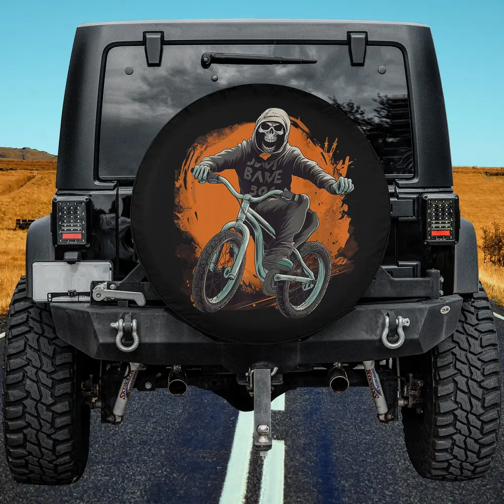 Skeleton stuntman on fun stunt bike Halloween spare tire cover with orange splash for Jeep