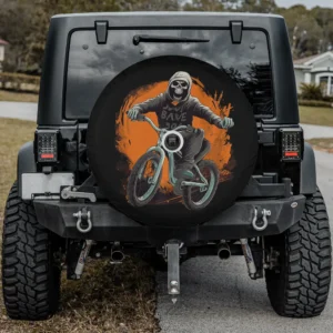 Skeleton stuntman fun stunt bike Halloween spare tire cover with backup camera hole option