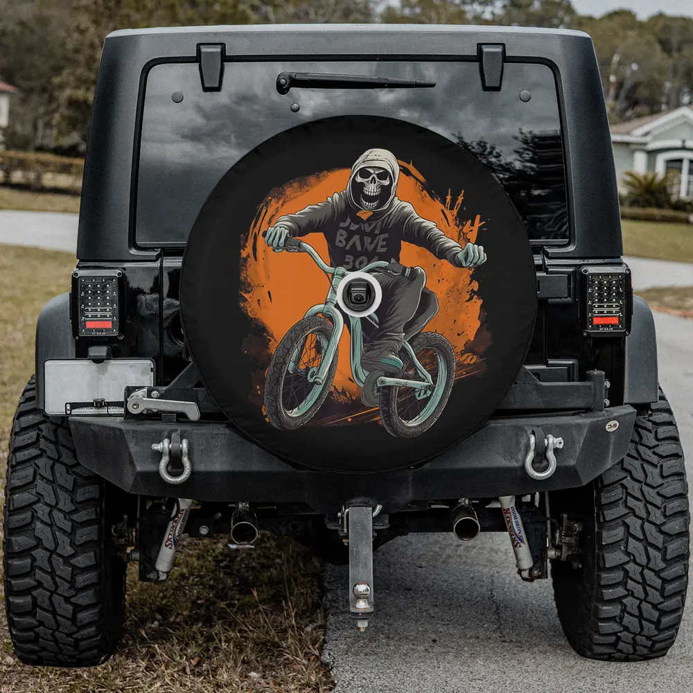 Skeleton stuntman fun stunt bike Halloween spare tire cover with backup camera hole option