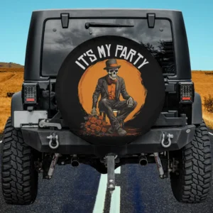 Skeleton in suit with top hat and roses funny Halloween spare tire cover no camera hole