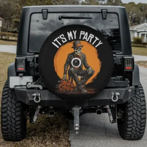 Skeleton in suit with top hat and roses funny Halloween spare tire cover with camera hole