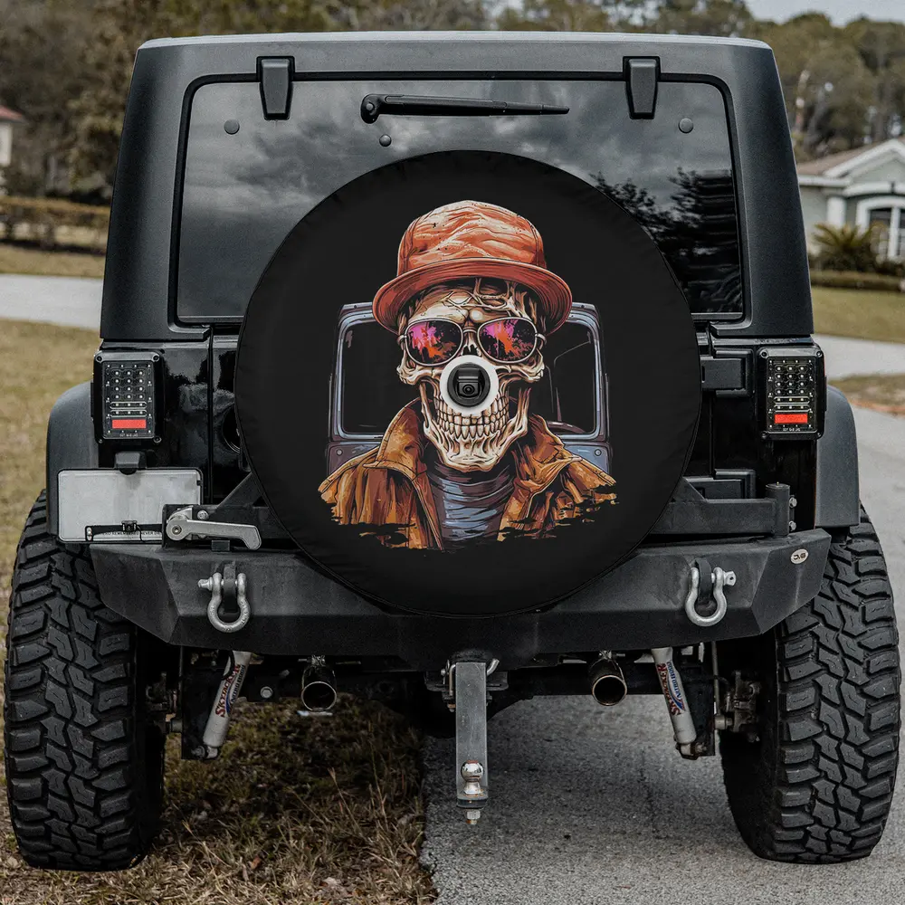 Skeleton trucker with sunglasses and hat semi truck Halloween spare tire cover with camera hole