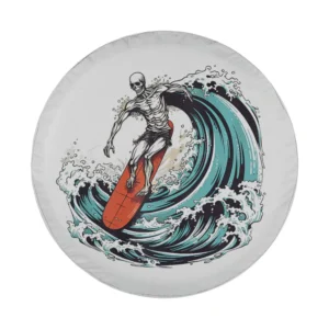 Skeleton surfing waves red surfboard skull Halloween design art