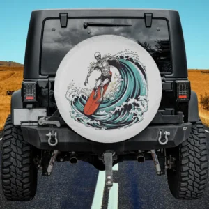 Skeleton surfing waves on red surfboard skull Halloween spare tire cover no camera hole