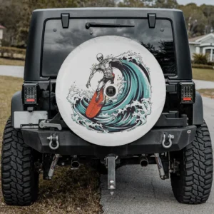 Skeleton surfing waves on red surfboard skull Halloween spare tire cover with camera hole