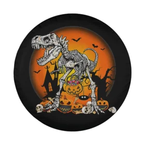 Funny skeleton T-Rex with pumpkins and jack-o-lanterns Halloween tire cover design