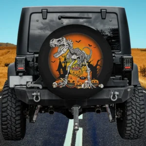 Skeleton T-Rex with pumpkins and jack-o-lanterns Halloween spare tire cover with no camera hole