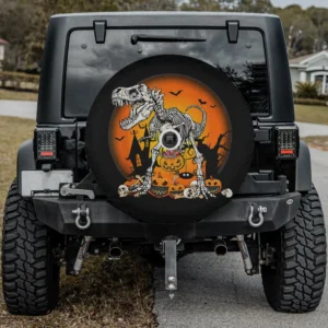 Skeleton T-Rex with pumpkins and jack-o-lanterns Halloween spare tire cover with backup camera hole