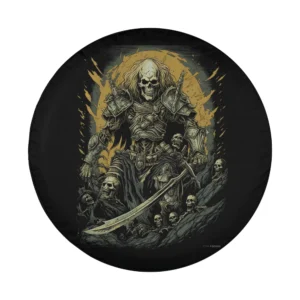 Skeleton warrior and flaming skulls Halloween spare tire cover design
