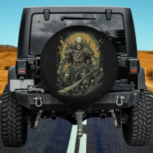 Skeleton warrior with flaming skulls Halloween spare tire cover no camera hole