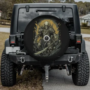 Skeleton warrior with flaming skulls Halloween spare tire cover with camera hole