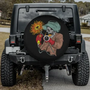 Skeleton welder with red gloves Halloween spare tire cover with camera hole