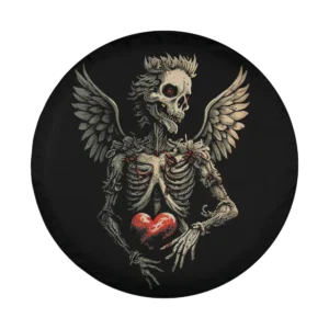 Gothic winged skeleton holding heart art for valentine spare tire cover