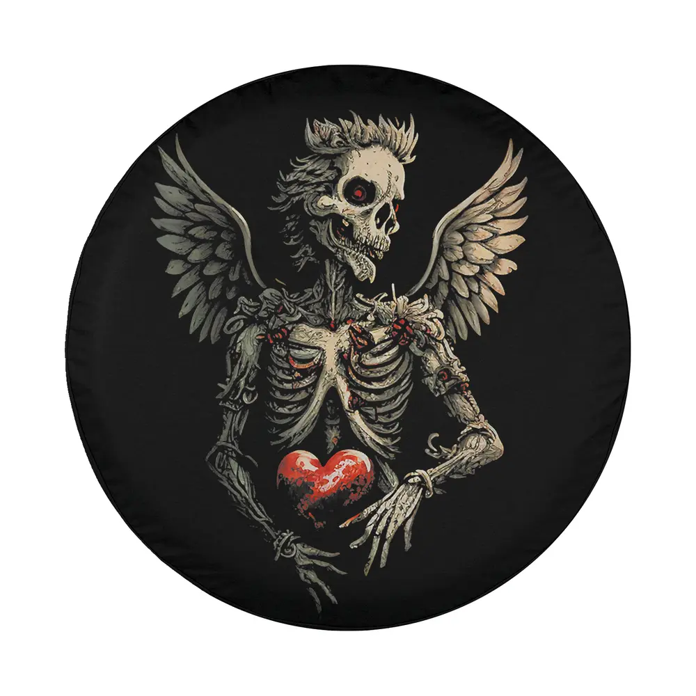 Gothic winged skeleton holding heart art for valentine spare tire cover
