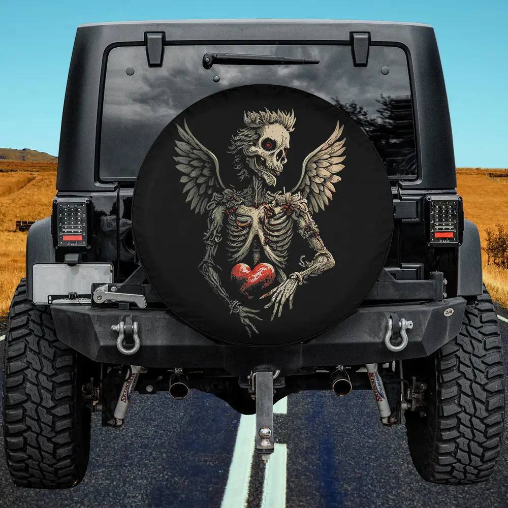 Winged skeleton holding heart gothic valentine spare tire cover with no camera hole