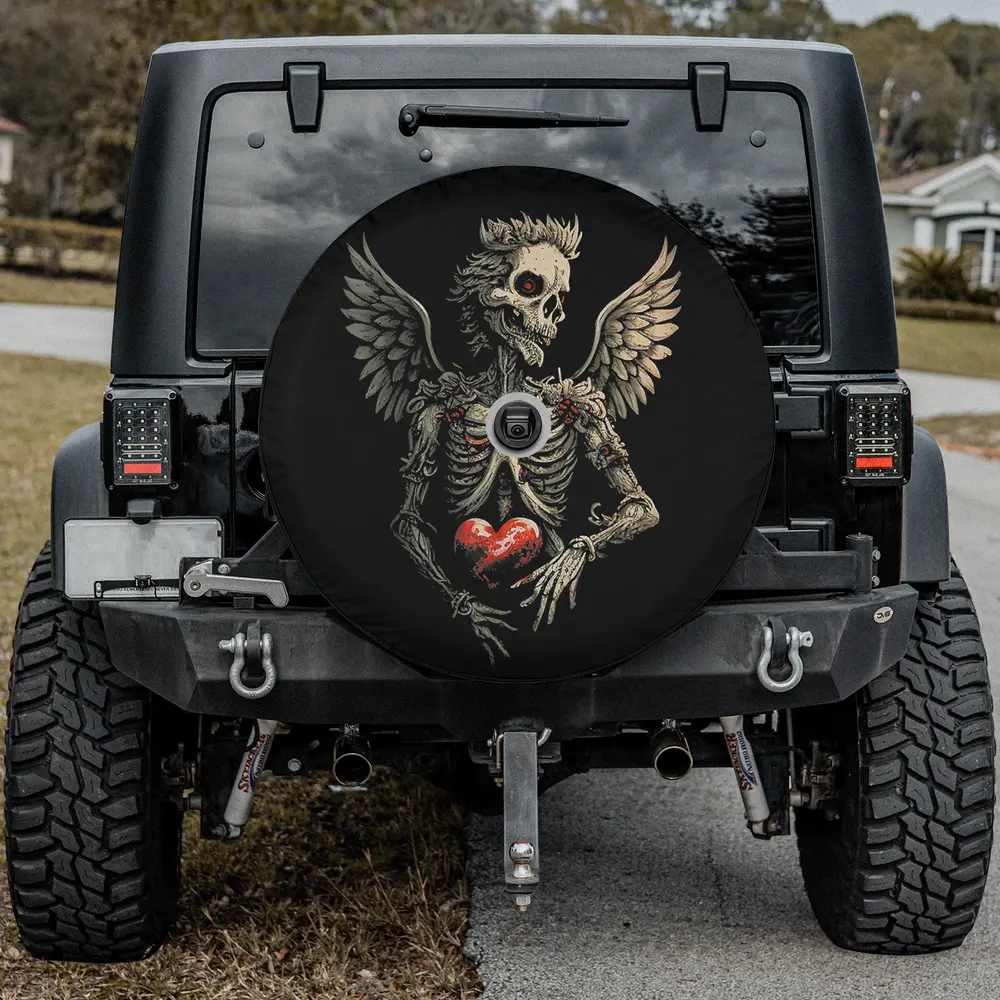 Winged skeleton heart gothic valentine spare tire cover with backup camera hole option