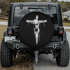 Jesus Christ cross sketch spare tire cover with backup camera hole for SUV RV