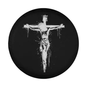 White sketch Jesus Christ cross crown thorns minimalist design for spare tire cover