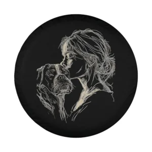 Minimalist sketch woman hugging Boxer dog mom design for spare tire cover