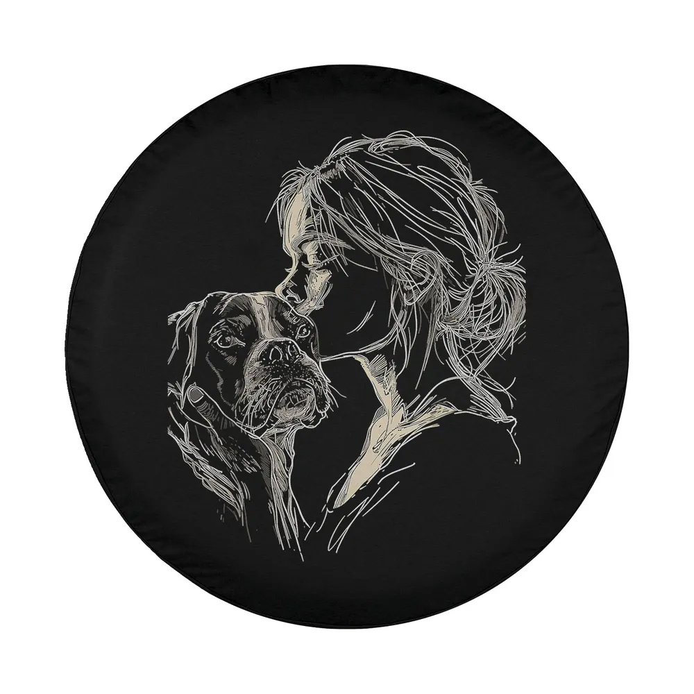 Minimalist sketch woman hugging Boxer dog mom design for spare tire cover