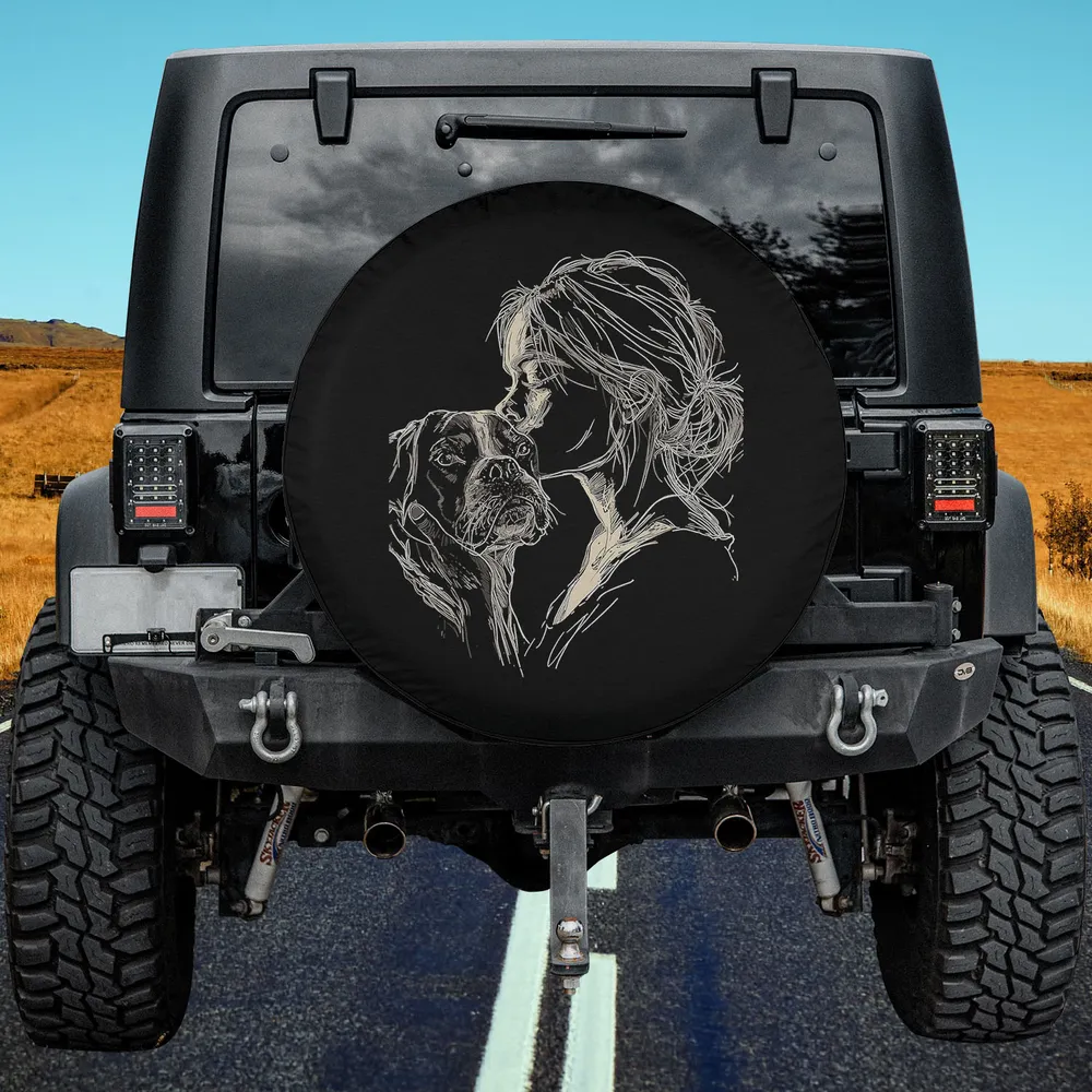 Sketch woman hugging Boxer dog mom spare tire cover on Jeep with no camera hole