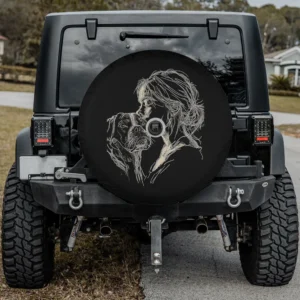 Sketch woman hugging Boxer dog mom spare tire cover with backup camera hole option
