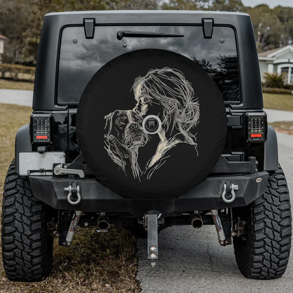 Sketch woman hugging Boxer dog mom spare tire cover with backup camera hole option