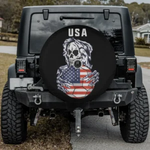 USA skull and American flag soccer ball Halloween spare tire cover with camera hole