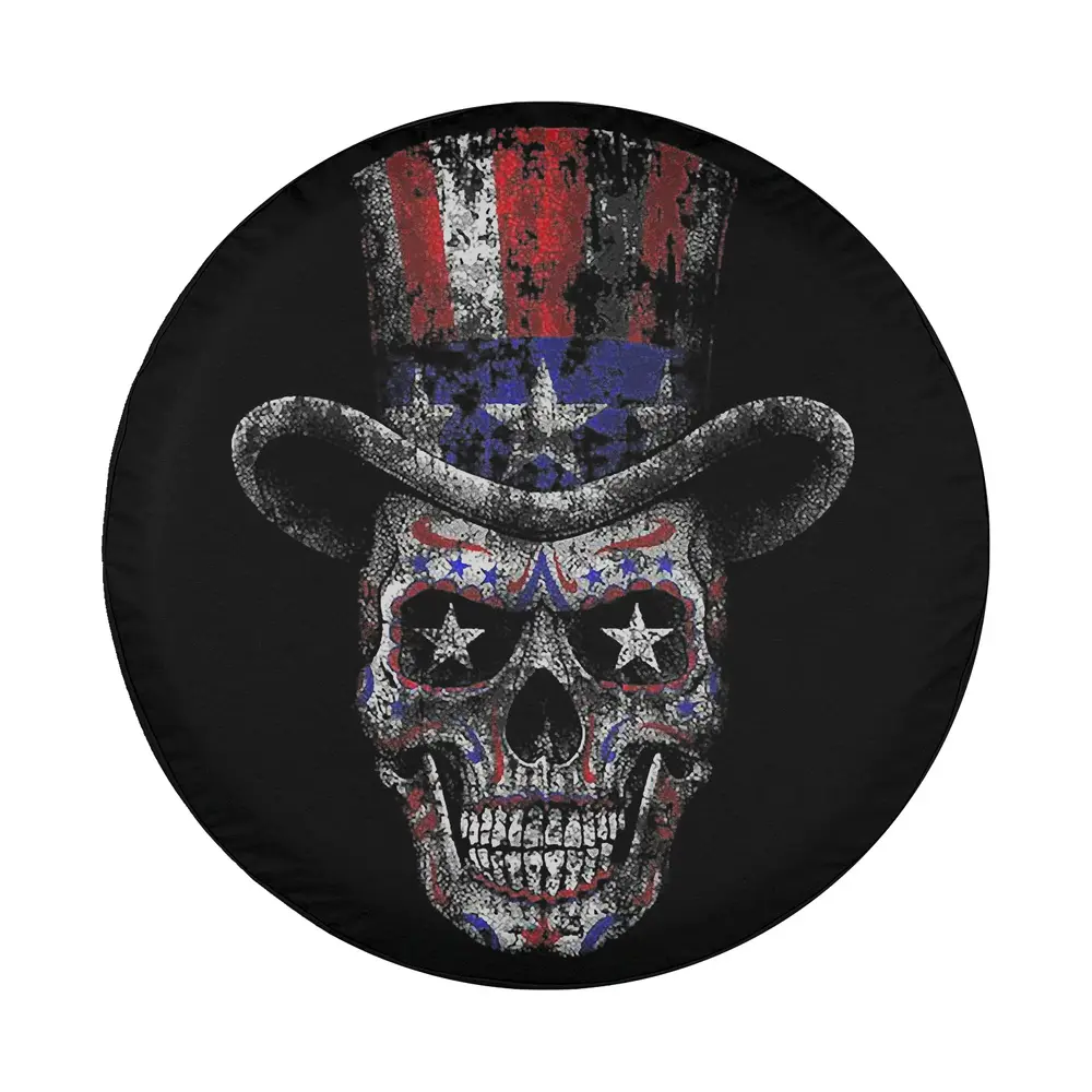Skull American flag top hat sugar skull Halloween spare tire cover art