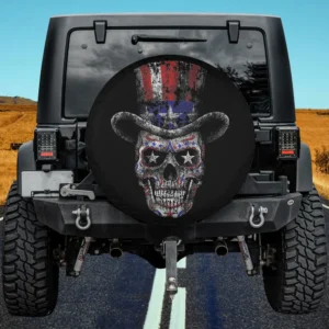 Skull with American flag top hat sugar skull Halloween spare tire cover no camera hole