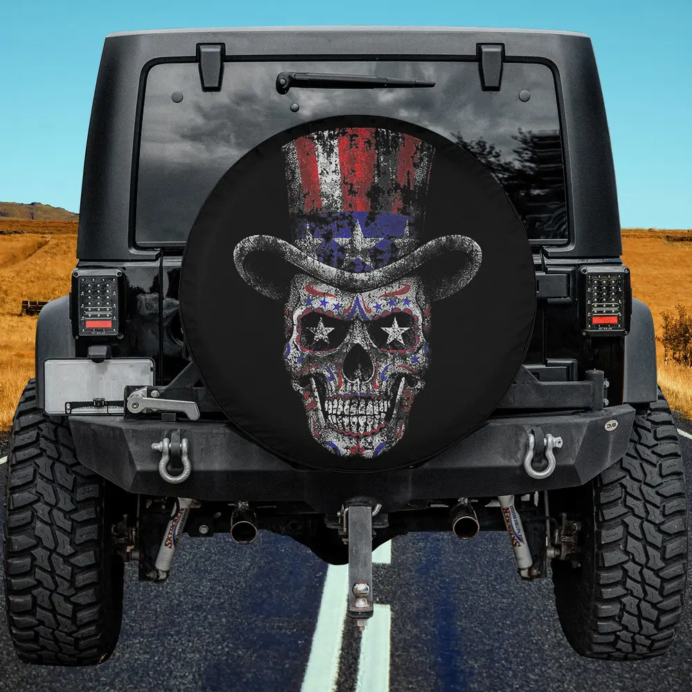 Skull with American flag top hat sugar skull Halloween spare tire cover no camera hole