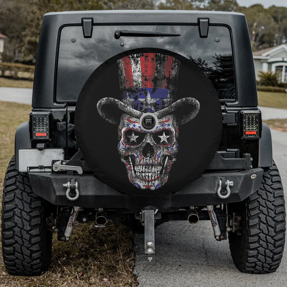 Skull with American flag top hat sugar skull Halloween spare tire cover with camera hole