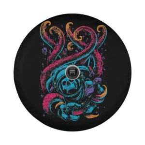 Neon skull astronaut and octopus tentacles outer space design for spare tire cover