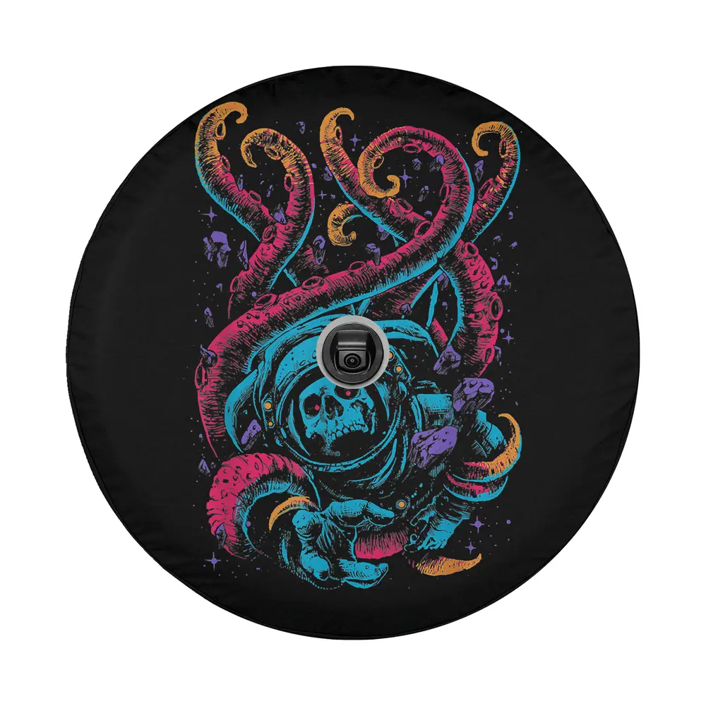 Neon skull astronaut and octopus tentacles outer space design for spare tire cover