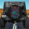 Skull astronaut battling octopus tentacles in neon outer space on spare tire cover, no camera hole