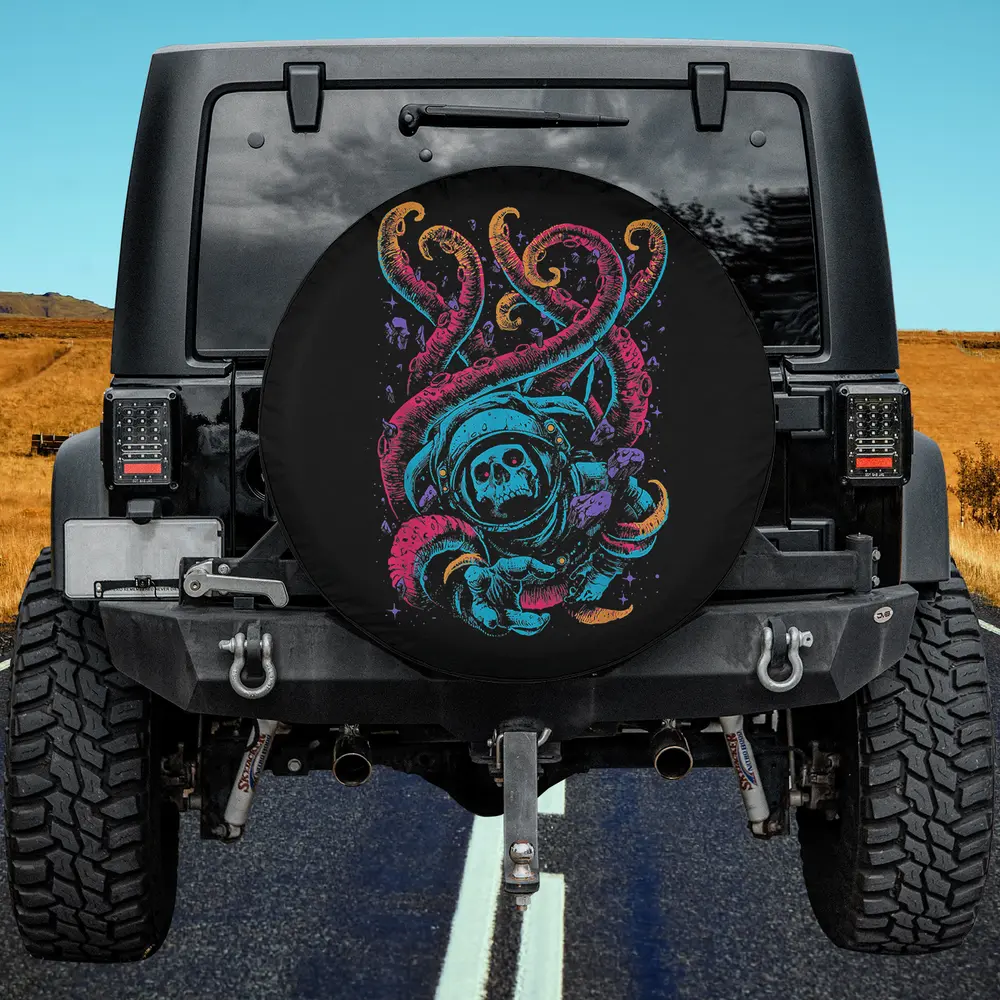 Skull astronaut battling octopus tentacles in neon outer space on spare tire cover, no camera hole