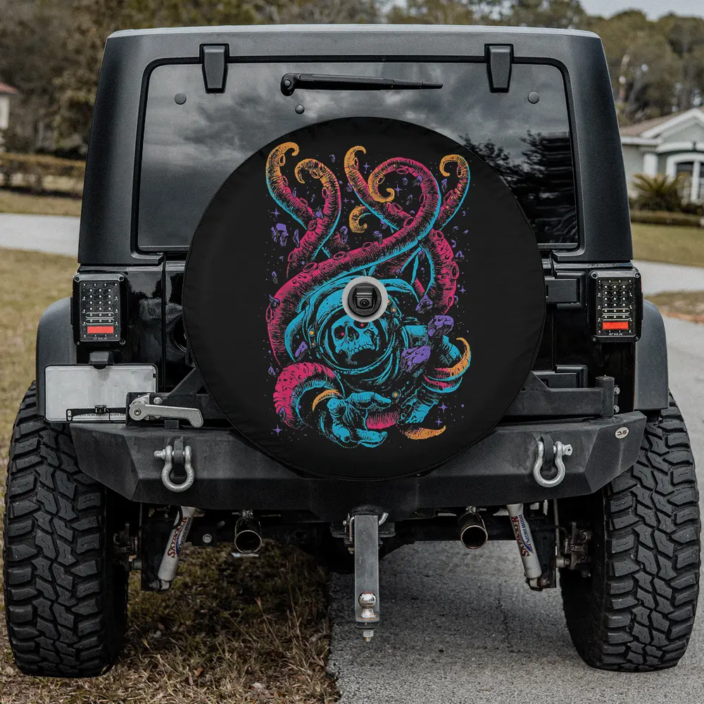 Spare tire cover with skull astronaut and octopus tentacles in neon outer space, with camera hole