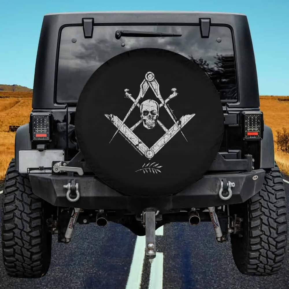 Skull and bones compass masonic symbol spare tire cover no camera hole for Jeep Bronco RV
