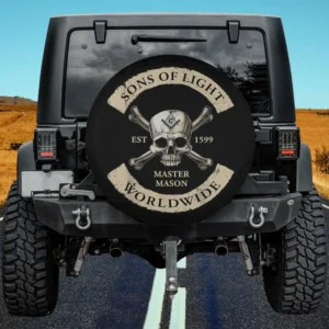 Skull crossbones masonic sons of light spare tire cover with no camera hole on Jeep