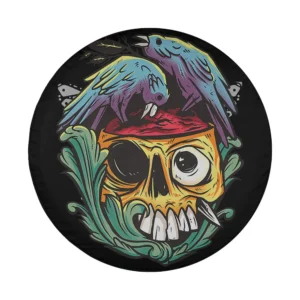Graphic of cartoon skull with exposed brain and purple crows for Halloween tire cover